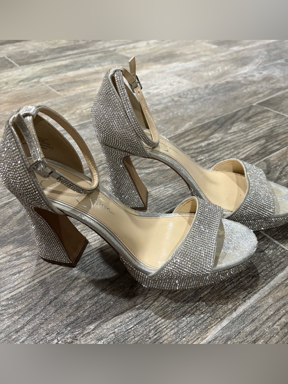Jessica Simpson Kehlani Silver Rhinestone Ankle Strap‎ Sandals Block Heel Sz 9M